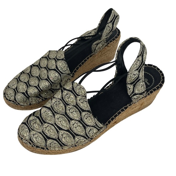 Toni Pons Origens Espadrilles 39 Black Gold Embroidered Wedge Heels Spain resort - Picture 1 of 10